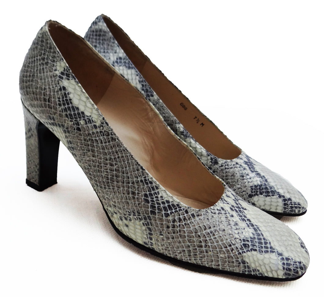 grey snakeskin court shoes