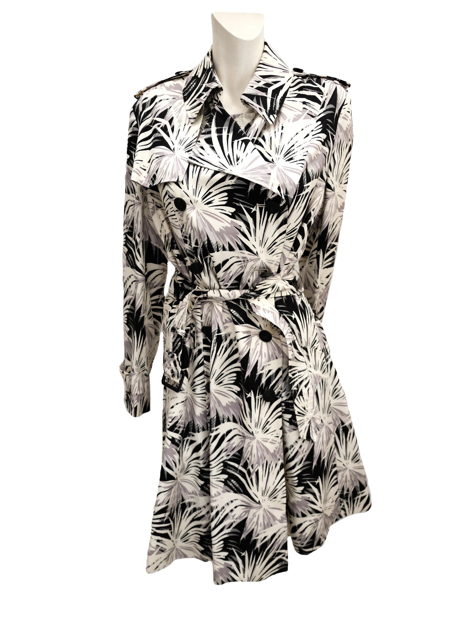 Aquascutum Silk Trench Coat in Monochrome Palm Print, UK14-16 – Menage ...