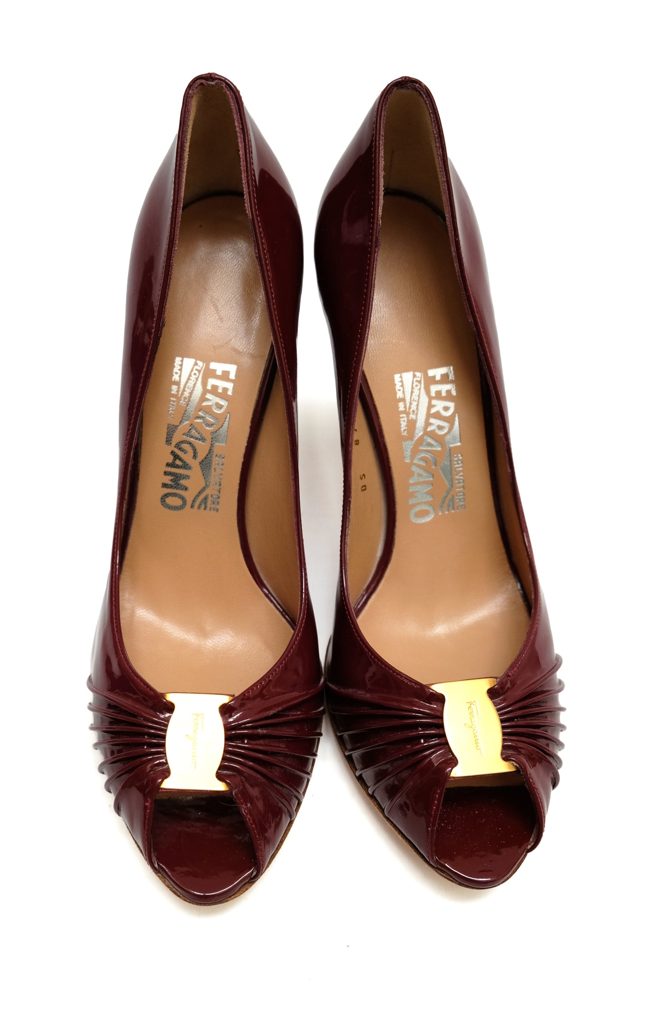 Salvatore Ferragamo Peep Toe Shoes in Burgundy Patent Leather, UK5.5 ...