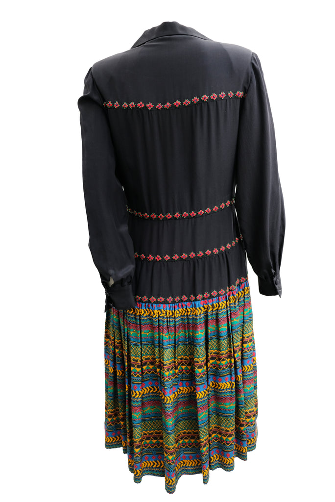 1980s Vintage Black Silk Shirt Dress with Geometric Skirt, UK10 ...