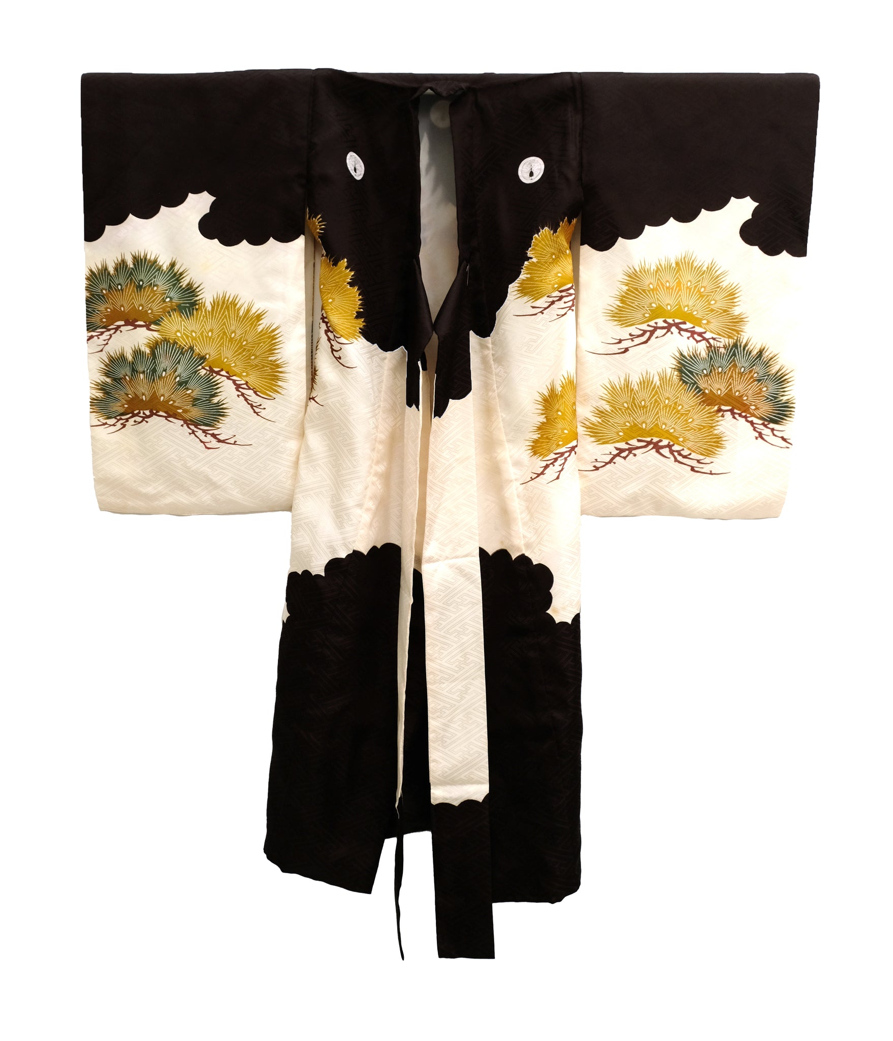 Vintage Child's Kimono in Black and White Jacquard Silk with Embroider ...