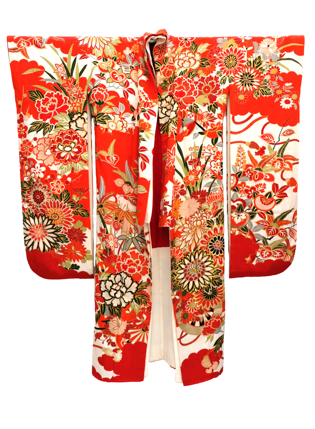 Vintage Kimono in Red, White, and Gold Floral Silk – Menage Modern Vintage