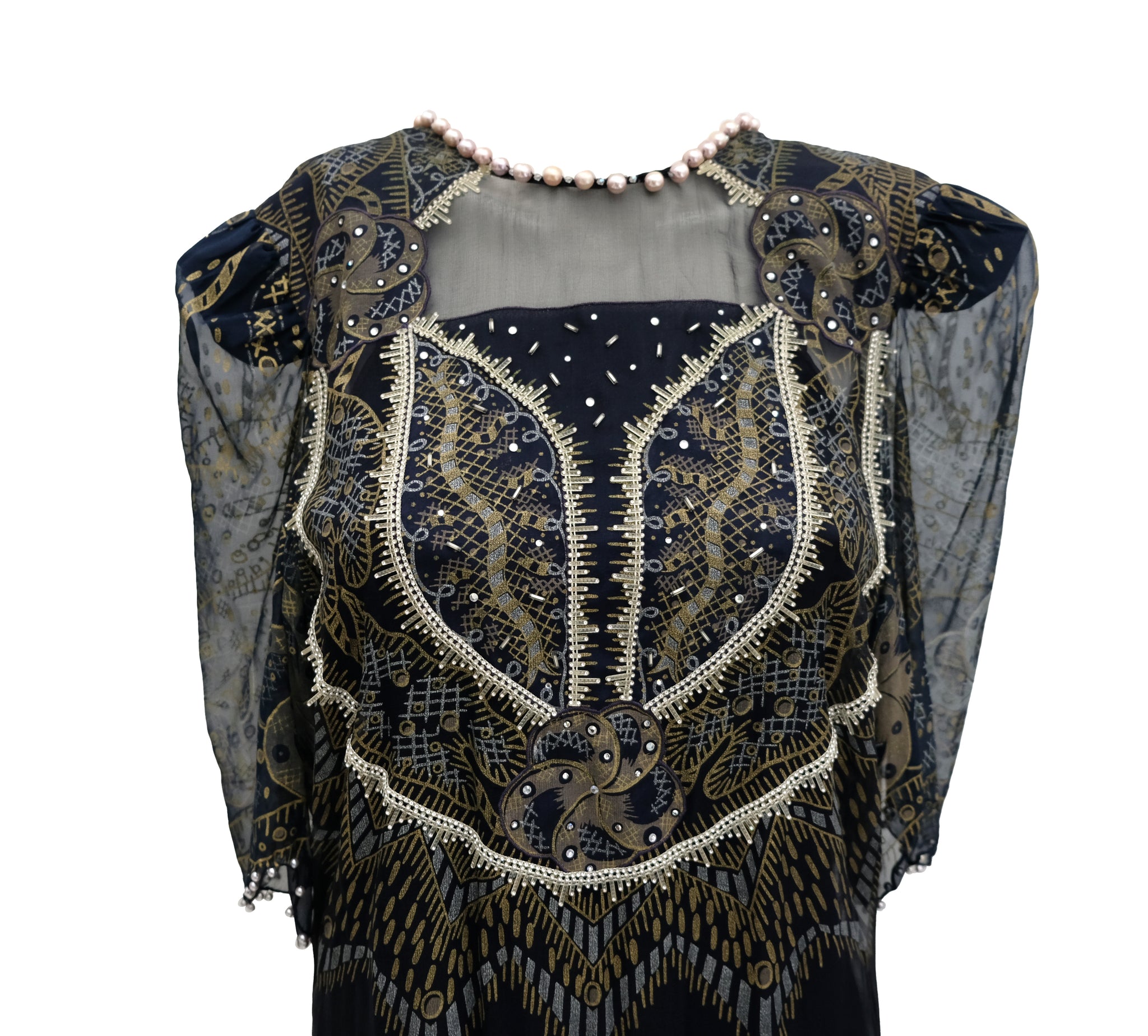 Zandra Rhodes Vintage Embellished Tunic in Printed Navy Chiffon, UK10 ...