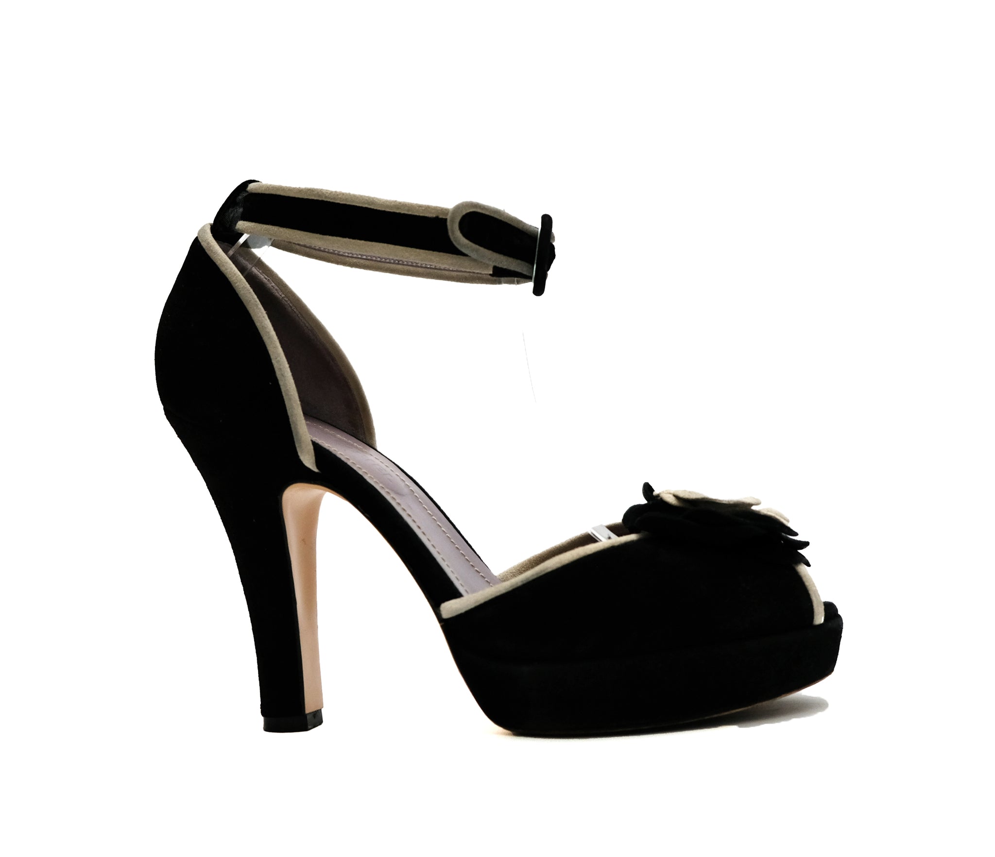 Sonia Rykiel Black Suede High Heel Platform Sandals with Ecru Flower D ...