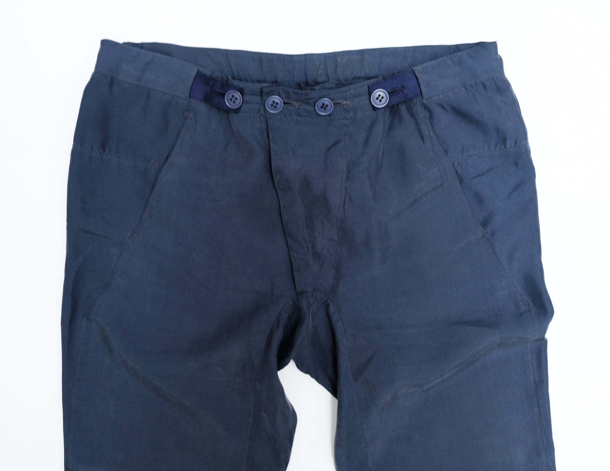 Martin Margiela Button Waist Trousers in Navy Blue Silk, UK12 – Menage ...
