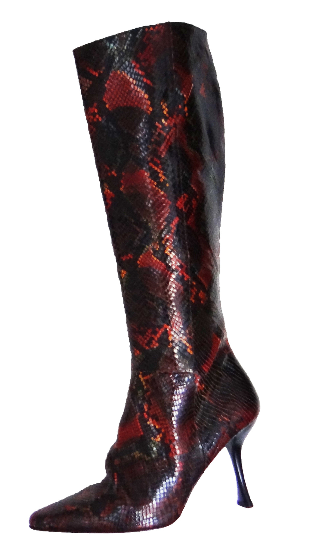 red snakeskin knee high boots