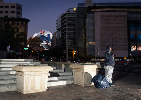 Nashua Rosales Kickflip between planters Photo By Toby Angel