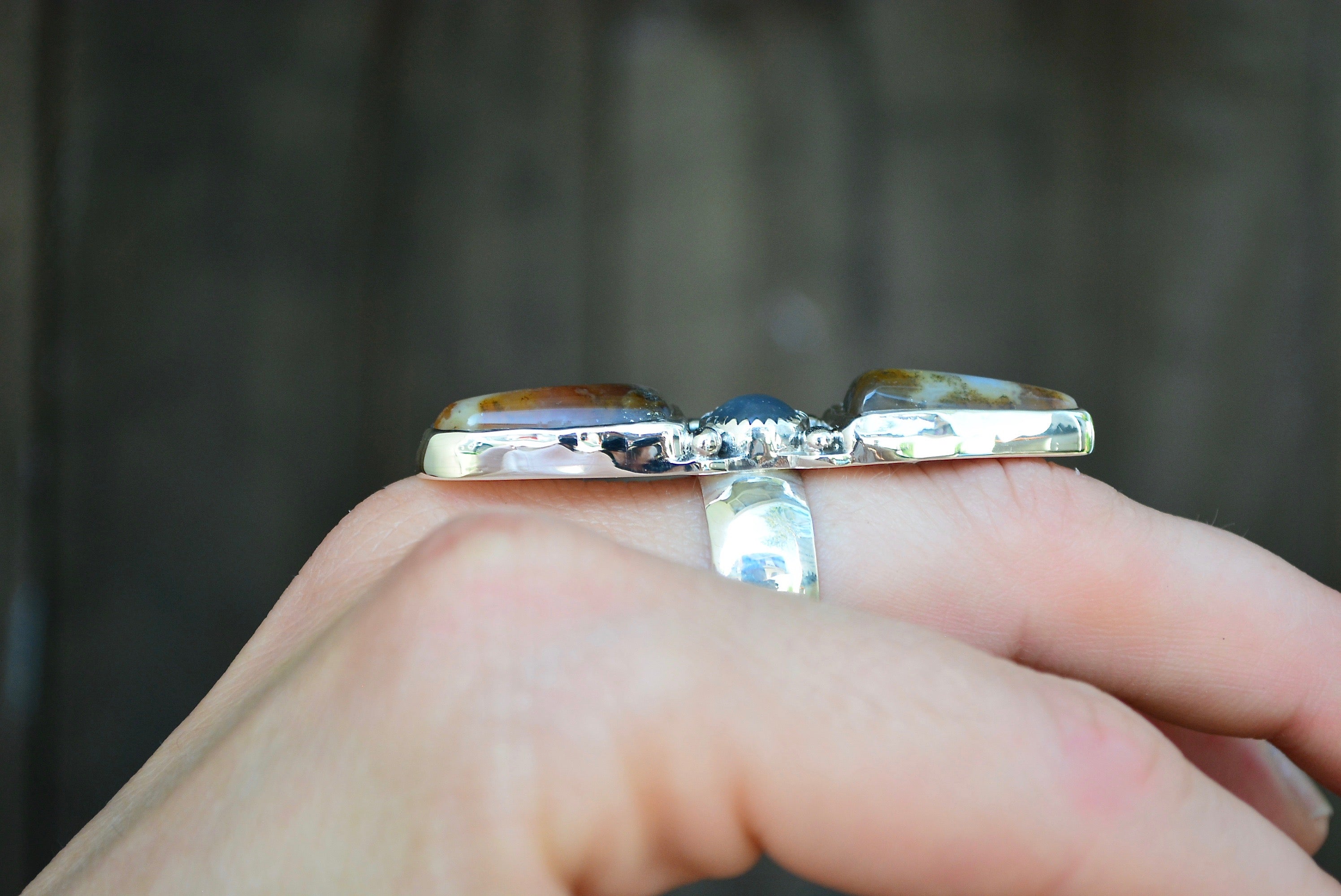 Agate Moonstone Double Shield Ring // Size 6.5