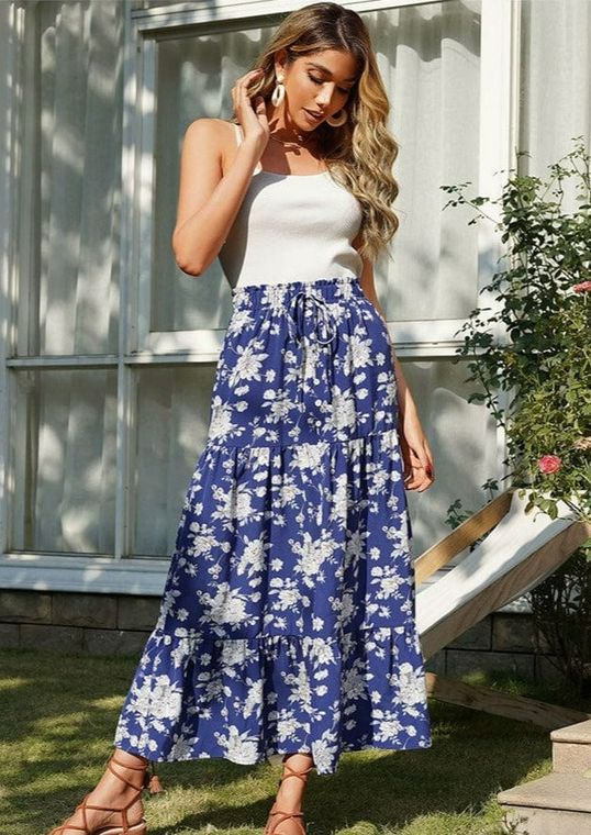 Blue Shirred Waist Floral Skirt – The Branch Boutique