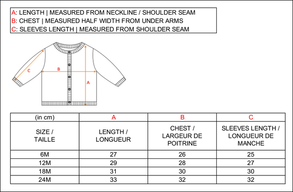 tableau des tailles de cardigan pour bébé