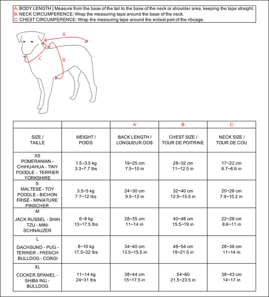 Dog sweater size chart