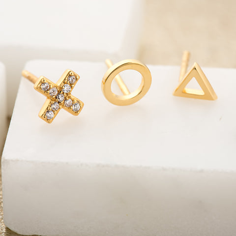 Geometric trio of studs 18 carat gold plated silver