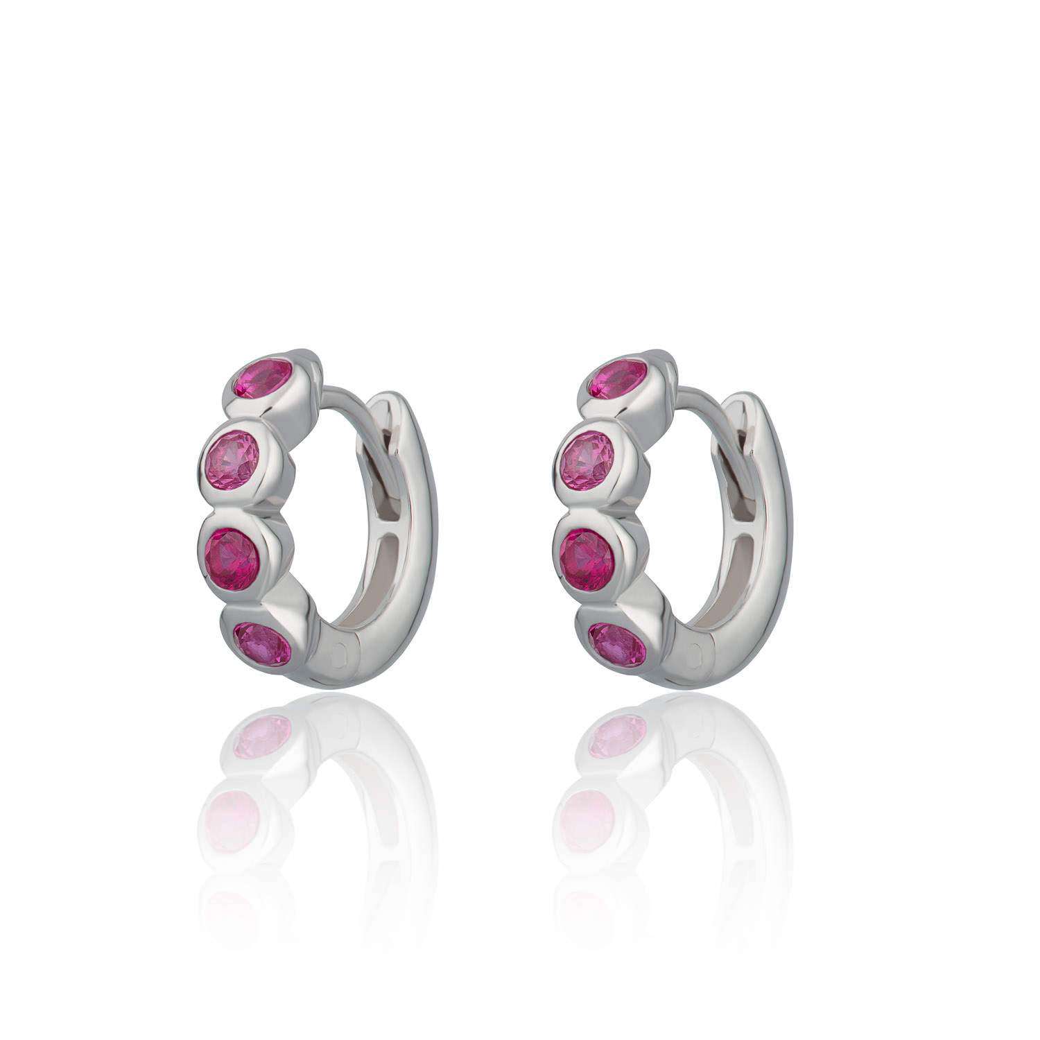 Bezel Huggie Earrings with Ruby Pink Stones