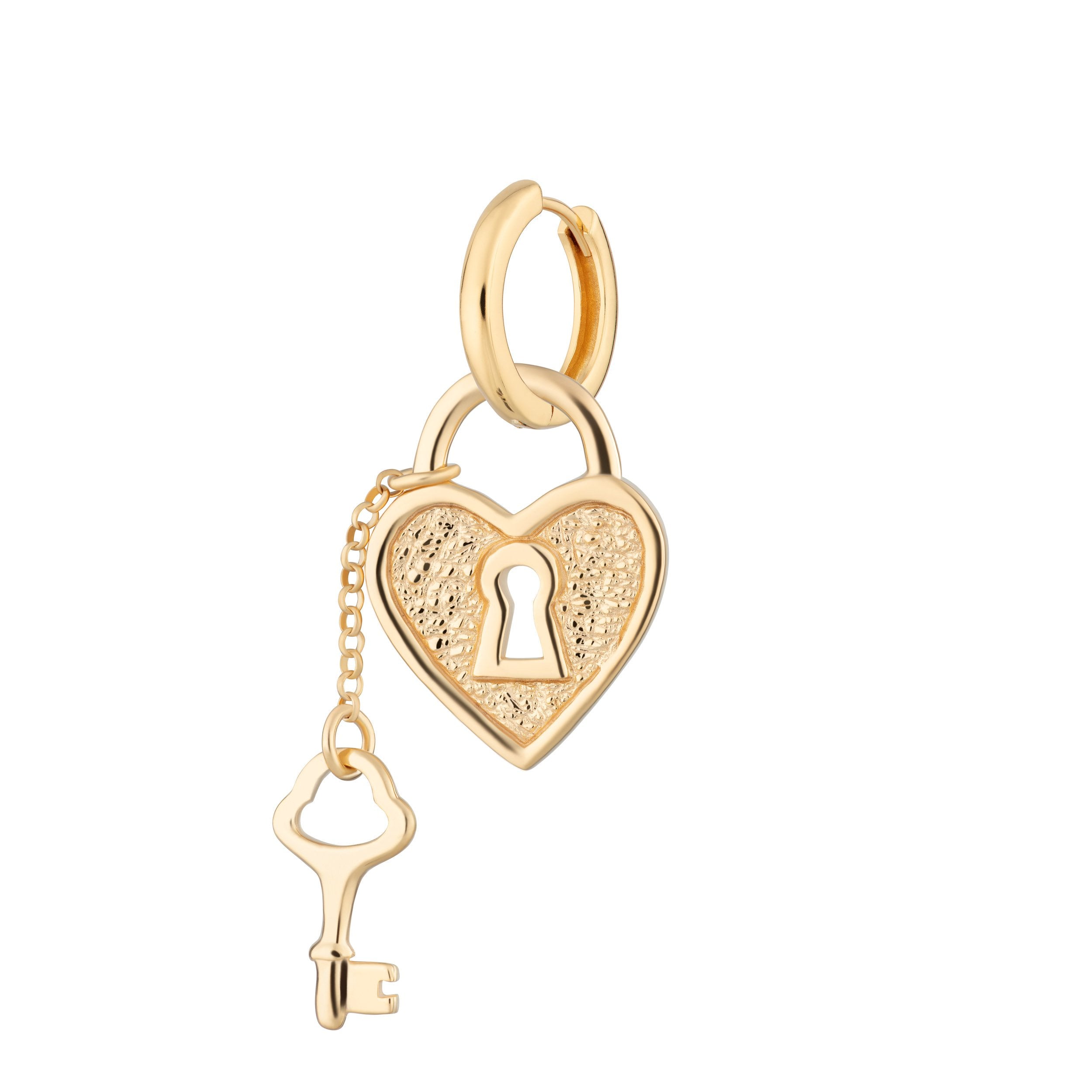 Heart Padlock and Key Huggie Single Earring