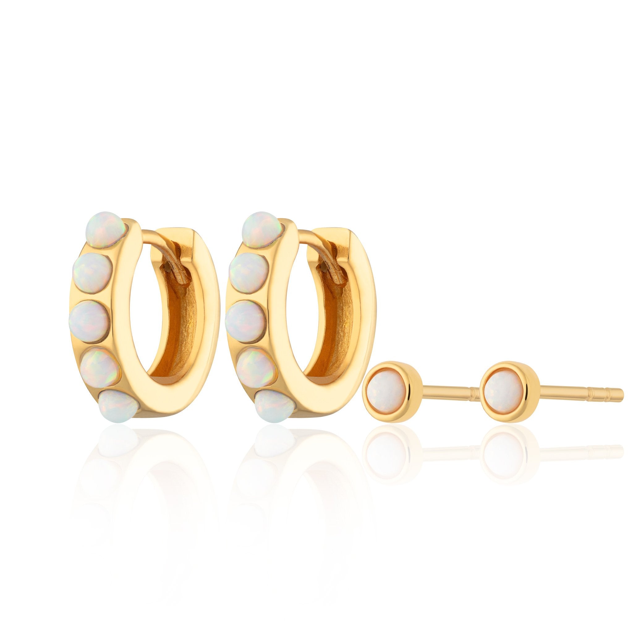 White Opal Huggie and Tiny Stud Set of Earrings
