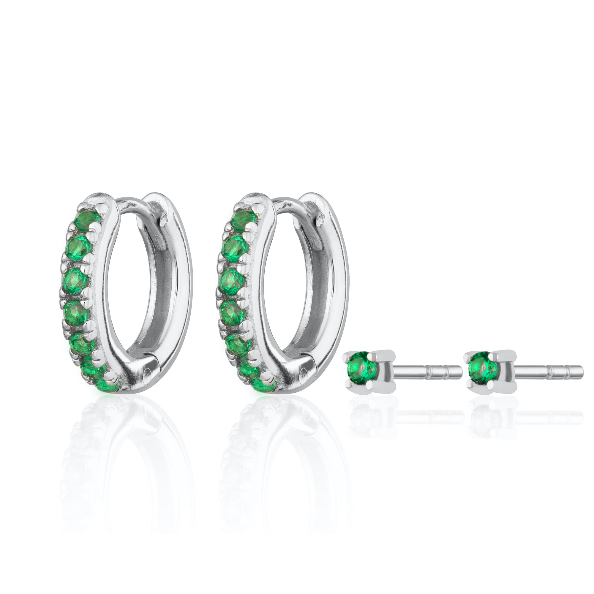 Green Stone Huggie and Tiny Stud Set of Earrings