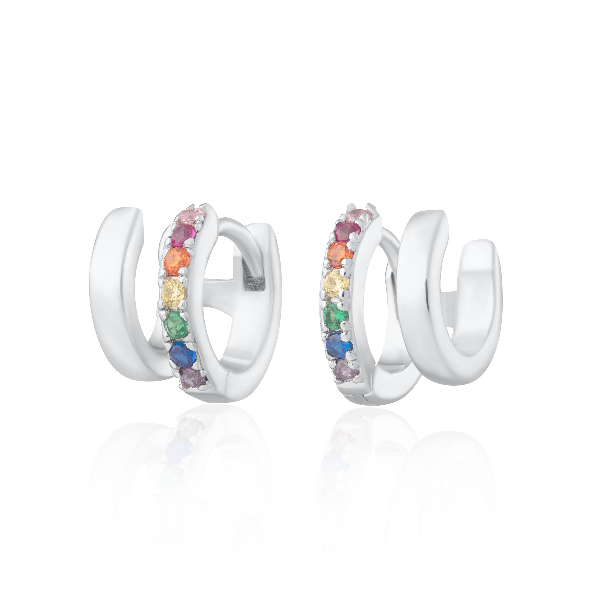 Mismatched Double Huggie Earrings with Rainbow Stones