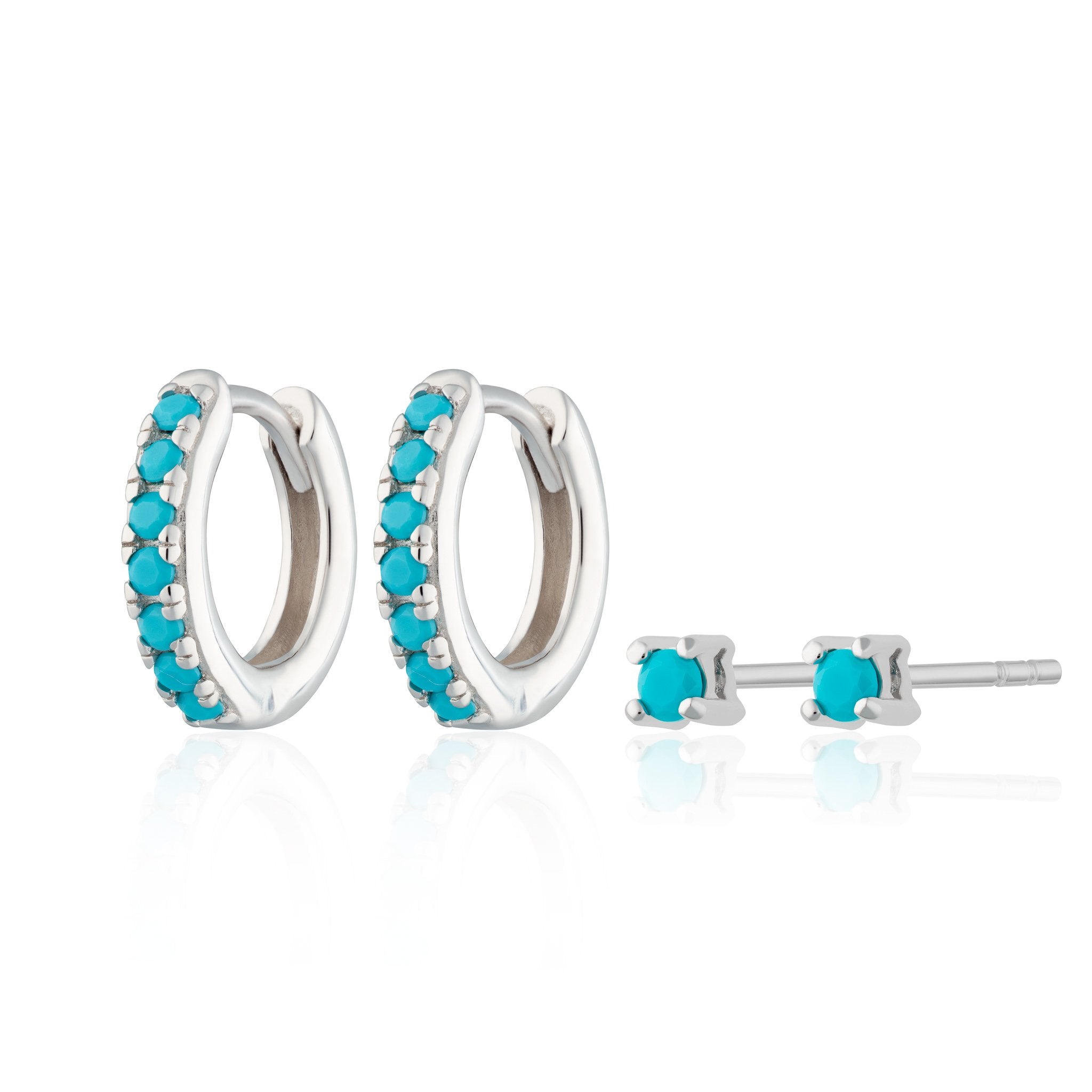 Turquoise Stone Huggie and Tiny Stud Set of Earrings