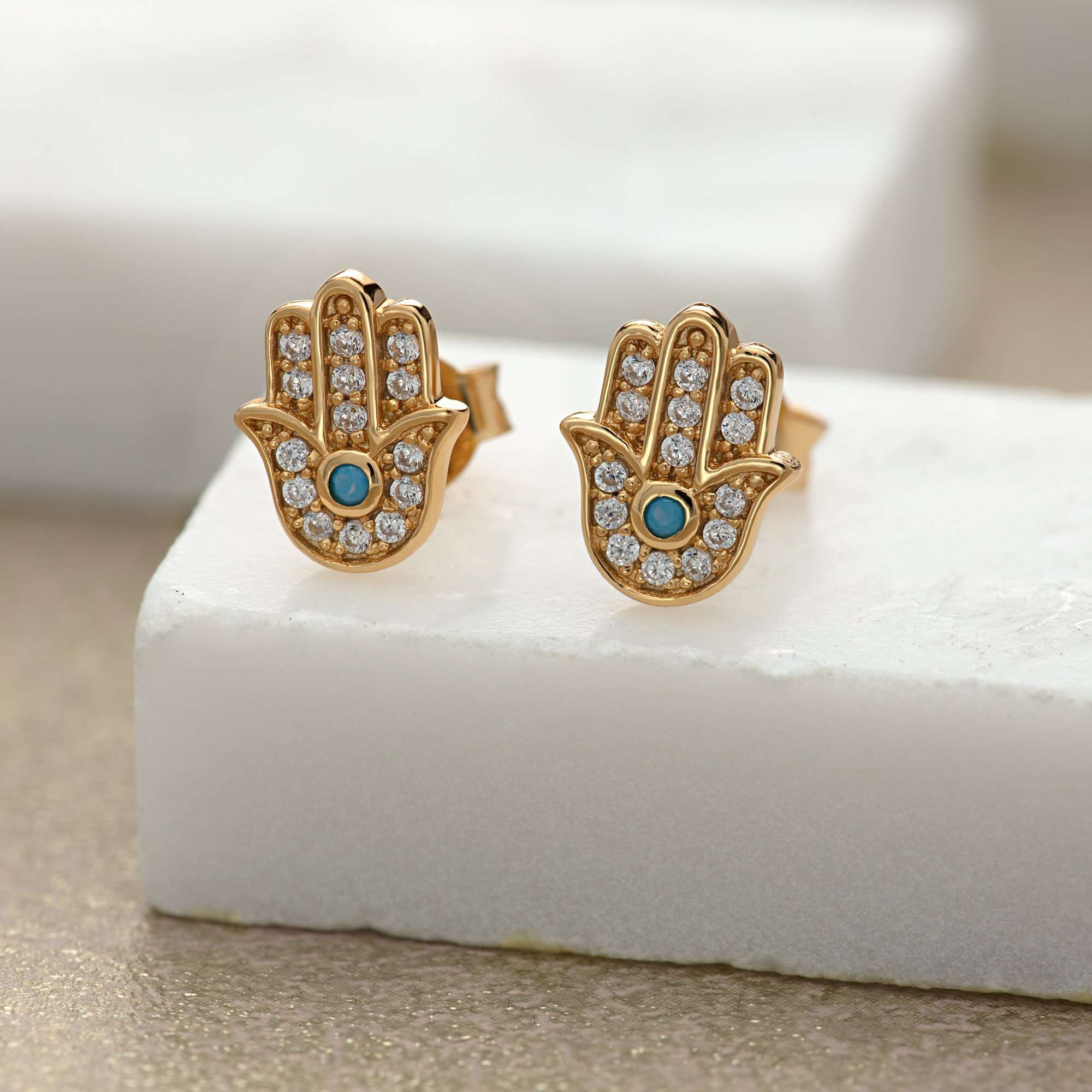 Gold Fatima Stud Earrings with Turquoise