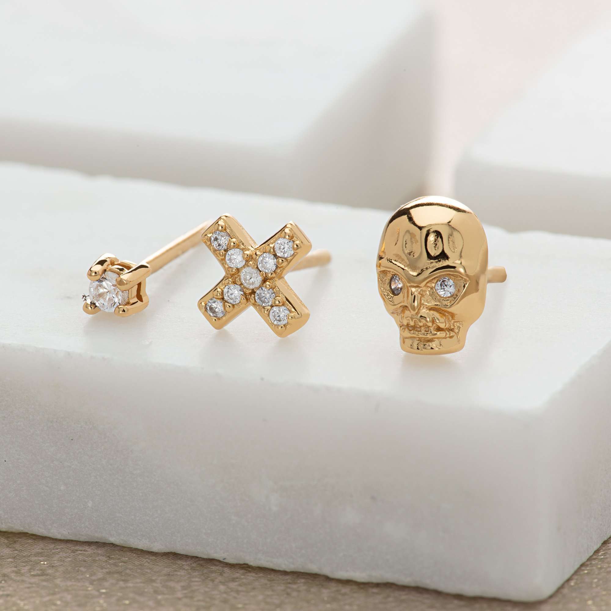 Skull and Cross Set of 3 single Stud Earrings