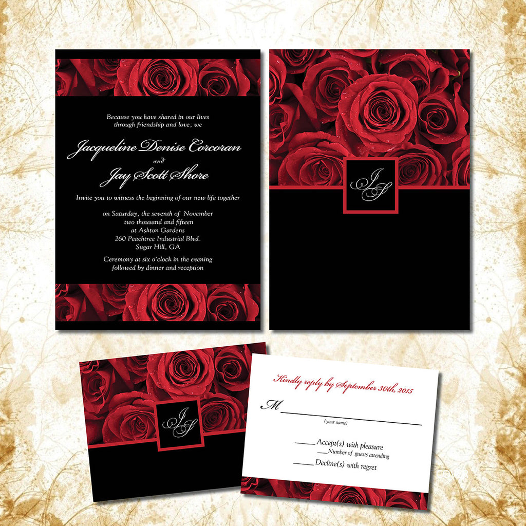 Red Rose Invitations for your Local Wedding Deep Crimson with Black Background