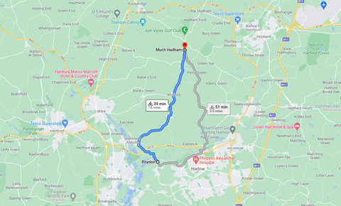 Route von Roydon nach Much Hadham