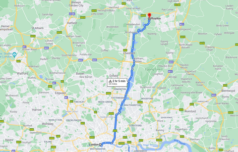 Route von London nach Roydon