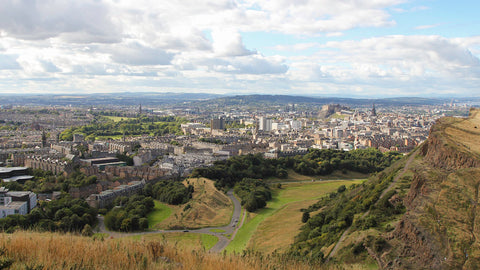 View of Edinburgh from the ascent to Arthurs Seat, with the Castle, the old town, George Square and the University buildings in view.