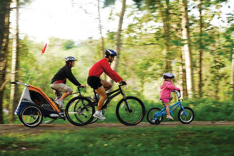 A group of family cycling through the woods