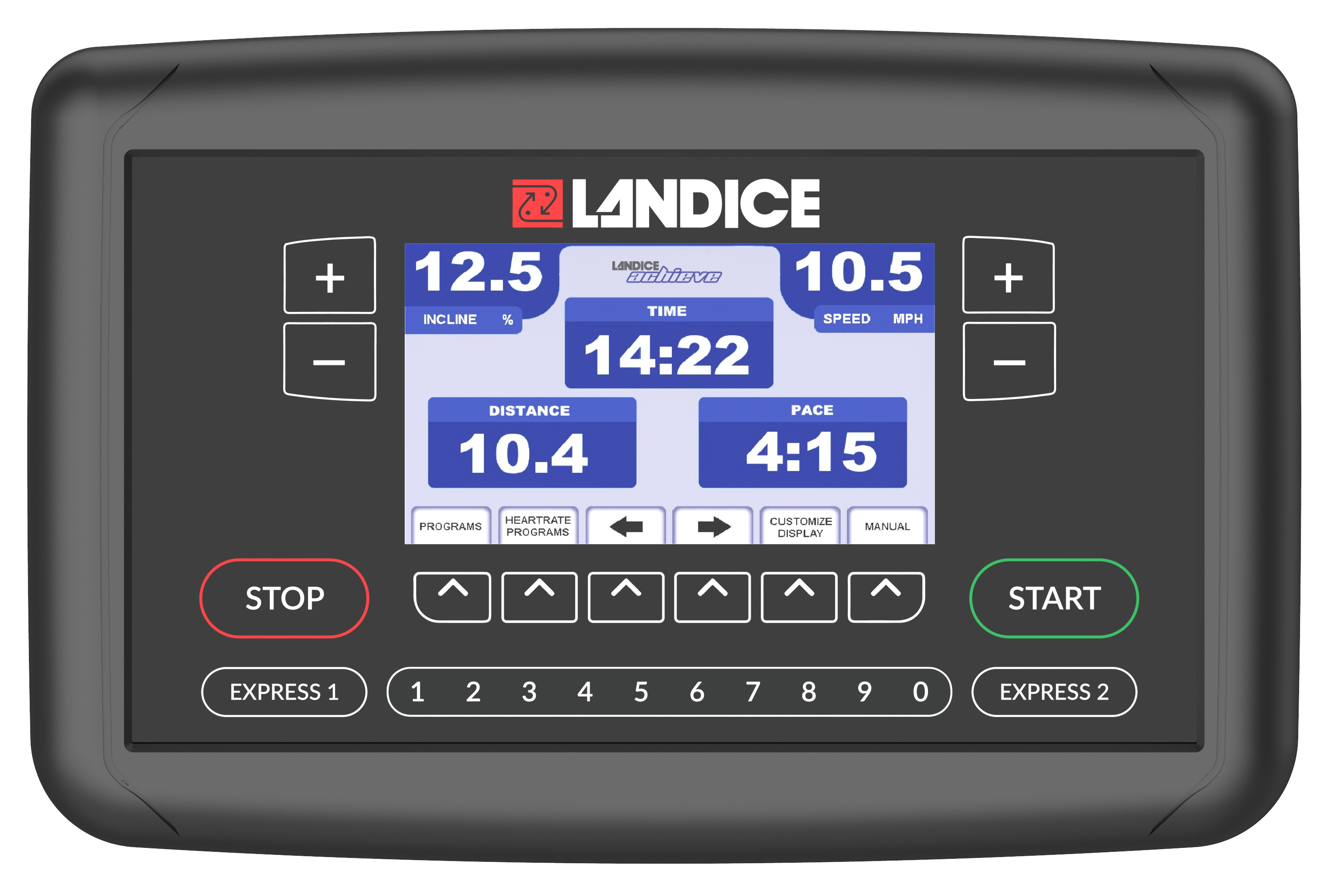 A landice treadmill displays a time of 14:22