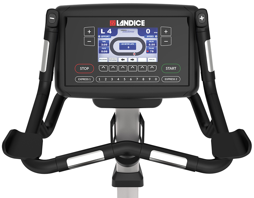 An exercise bike with a screen that says landice on it