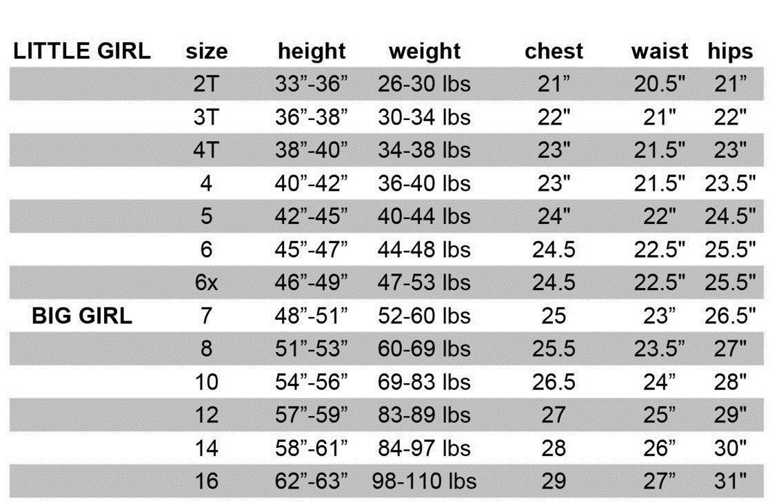 Girls Size 14 16 Chart