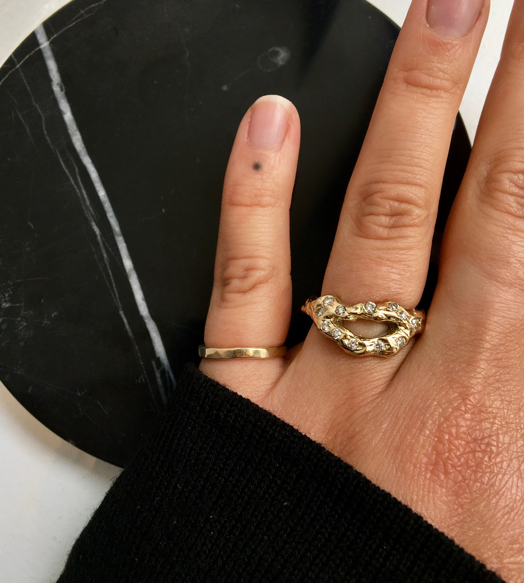 14k gold organic split ring with diamonds