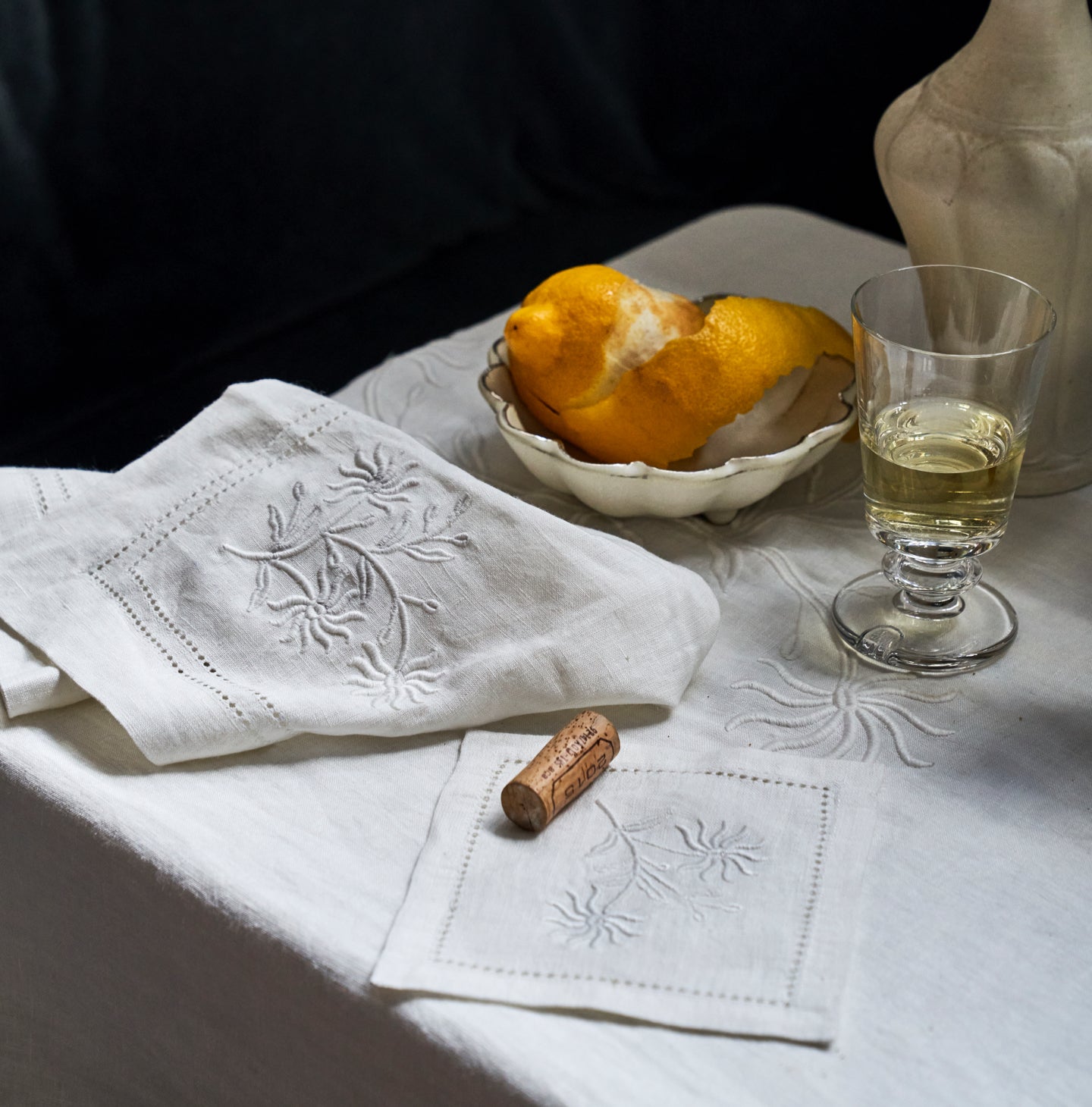 Linen Cocktail Napkin with Floral Embroidery