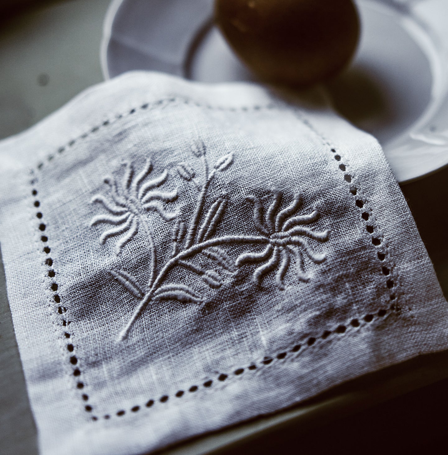Linen Cocktail Napkin with Floral Embroidery