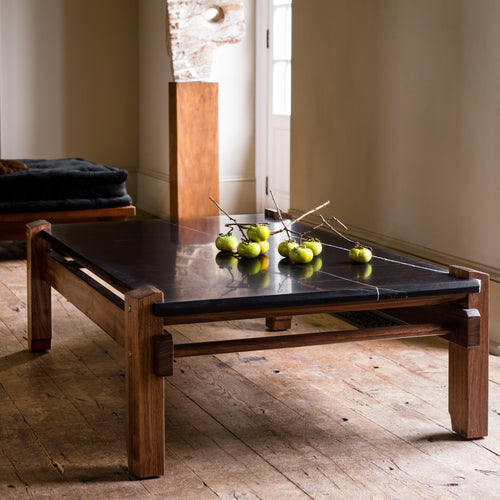 Black St. Laurent Marble, Figured Black Walnut Danish Oil, Burnished Brass Hardware