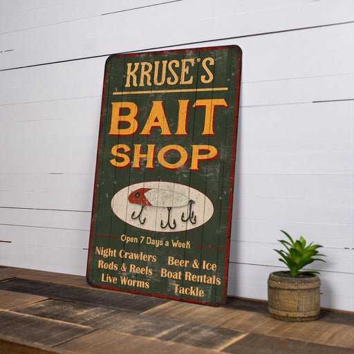 Personalized Bait Shop Sign Wood Look Man Cave Den Metal Sign 10618002 —  Chico Creek Signs