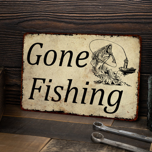 Gone fishing vintage decorative sign rusty metal old rustic look ideal gift  9659