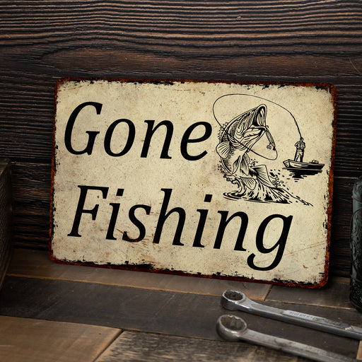 Gone Fishing, Deer Season Man Cave Fishing Metal Sign — Chico