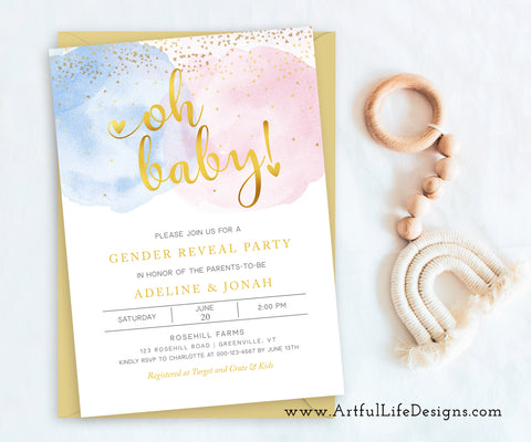 oh baby pink and blue smoke gender reveal invitation template from Artful Life Designs
