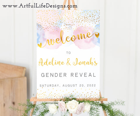 Pink and blue smoke with gold confetti gender reveal welcome sign from Artful Life Designs