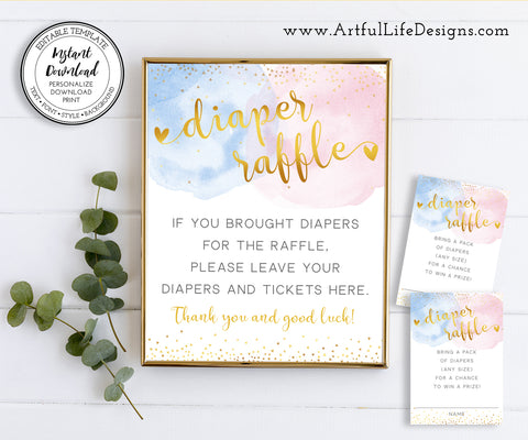 Pink and blue smoke with gold confetti diaper raffle sign and entry ticket from Artful Life Designs