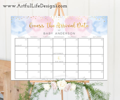 Baby Due Date Calendar Game for Baby Shower or Gender Reveal, Pink and blue smoke with gold confetti from Artful Life Designs