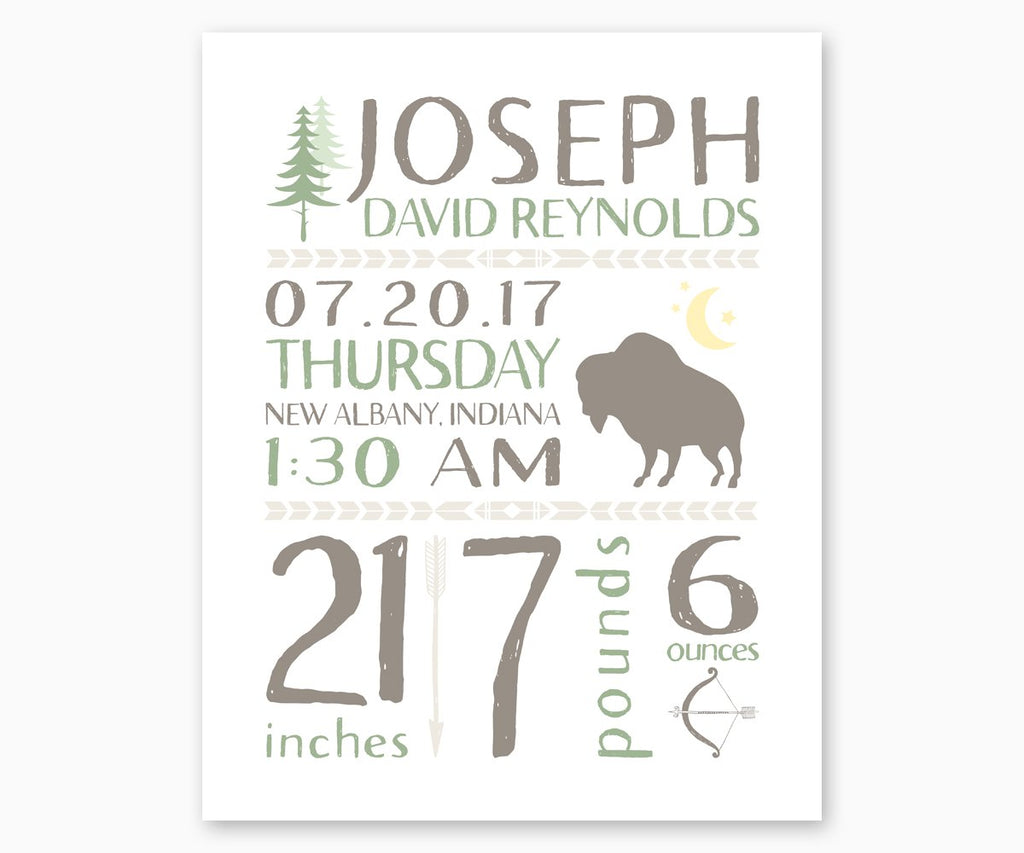 Tribal Birth Stats Print with Buffalo and Arrow Motifs for Boy or Girl – Life Designs