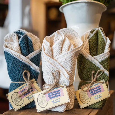 3 Wrapped and Packaged Country Cottons Dishcloth sets in blue, sage, and cream colors at Laurel Mercantile Company