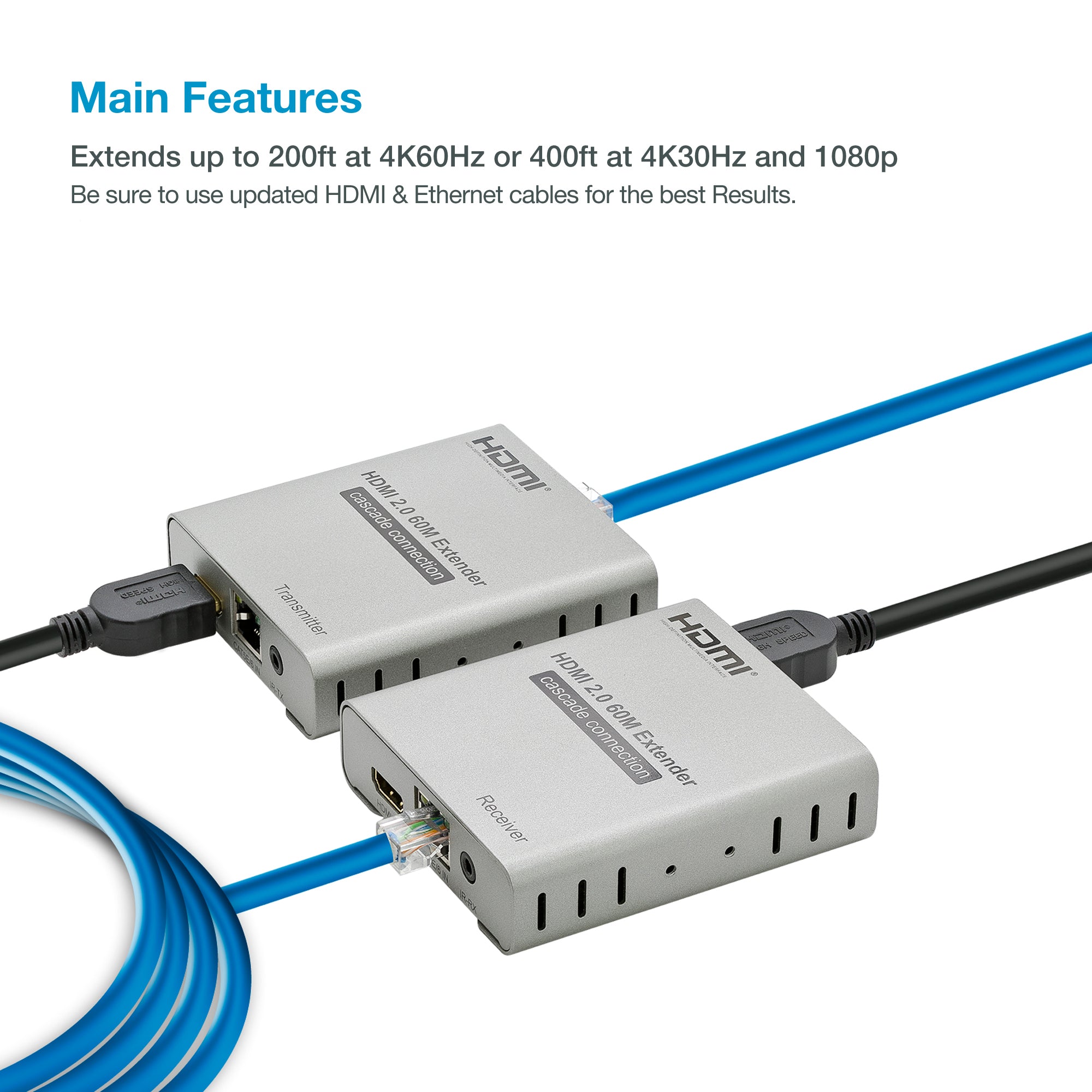 Expert 4K@60Hz 200ft HDMI Extender Over Cat5 Cat6 / Ethernet Cable