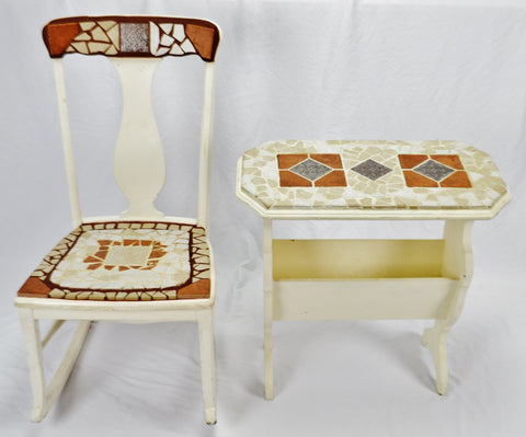 Vintage Mosaic Tiled Rocking Chair Side End Table Magazine Rack