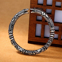 Feng Shui Symbols - Handmade Thai Silver Open Cuff Dragon Bracelet
