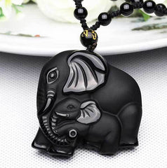 8 Auspicious Symbols - Obsidian Elephant Pendant Necklace