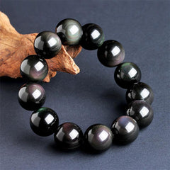 8 Auspicious Symbols - Natural Rainbow Obsidian Crystal Bracelet